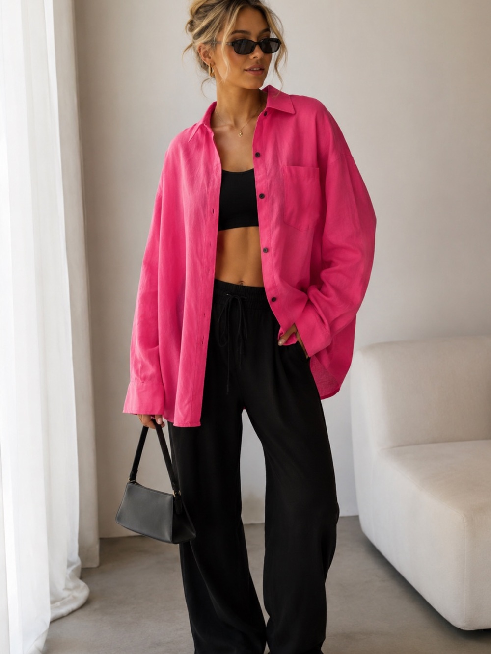 NWT Athleta Retreat Linen Button Down Shirt Vibrant Barbie Pink XS 100% Linen